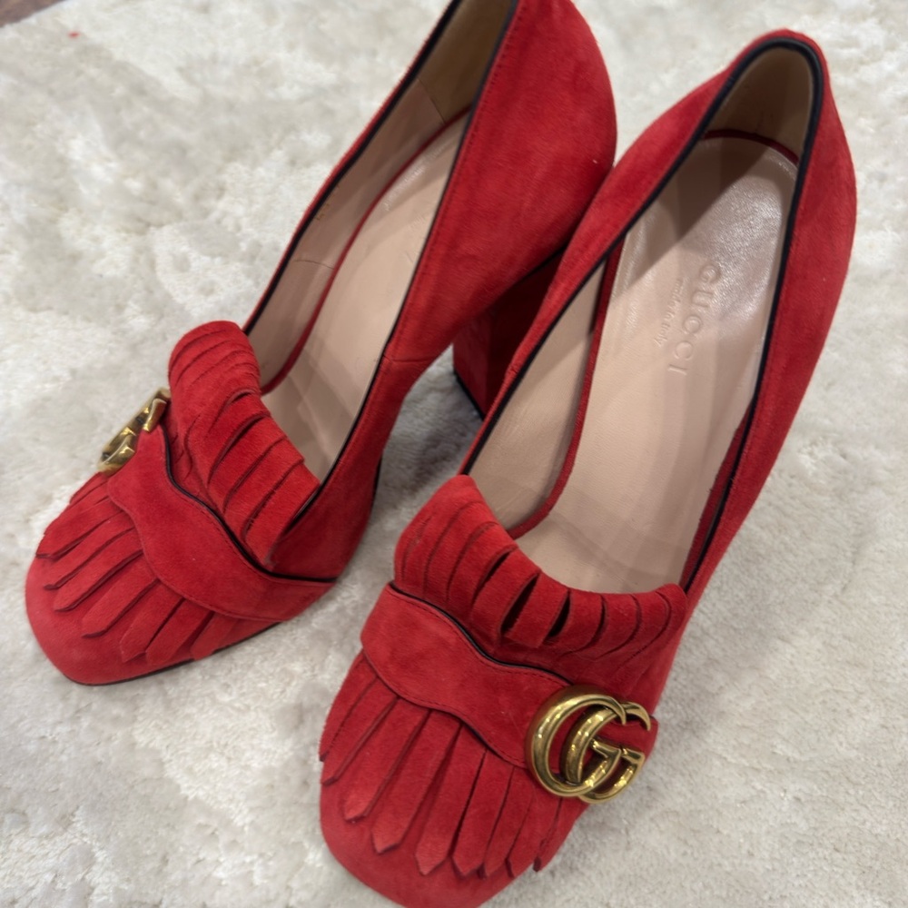 Gucci Red Fringe Suede Heels